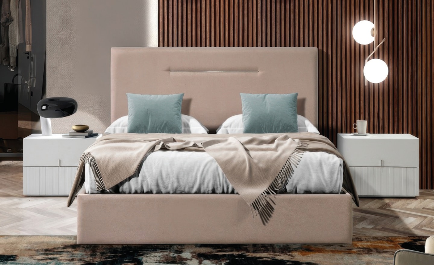 Cama de Casal Essenza com cabeceira estofada em tecido neutro