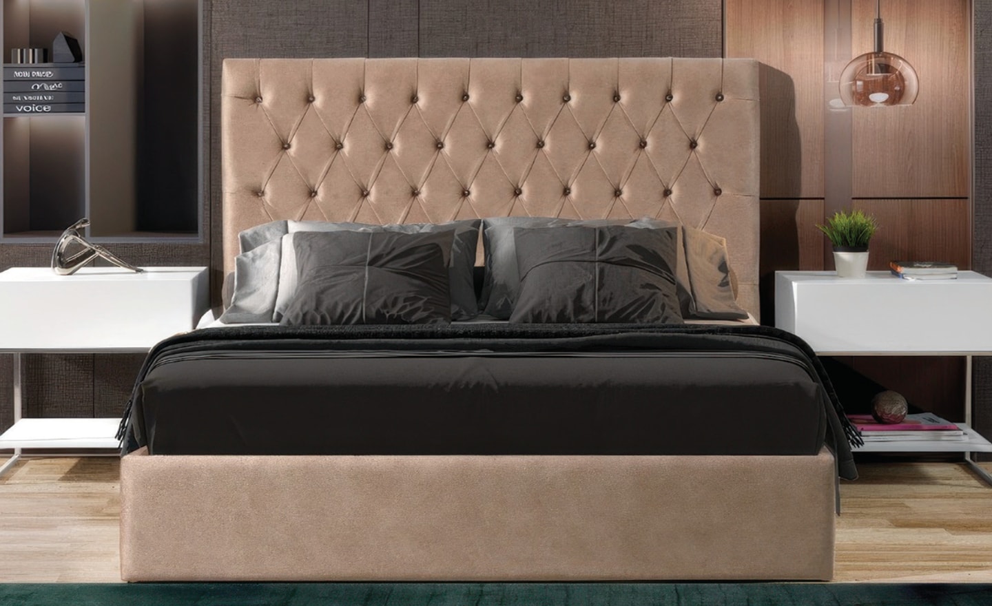 Cama de Casal Allegra com cabeceira estofada e design clássico