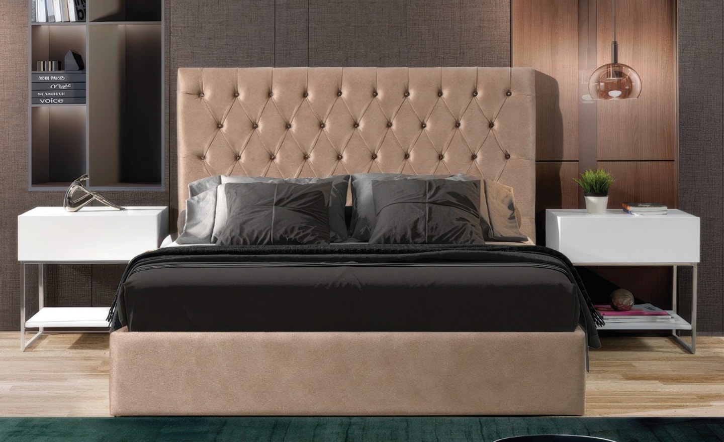 Cama de Casal Allegra com cabeceira estofada e design clássico