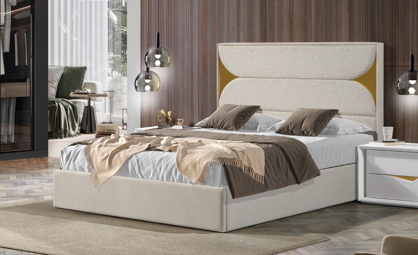 Cama de Casal Arco Dourado com cabeceira estofada e detalhes metálicos