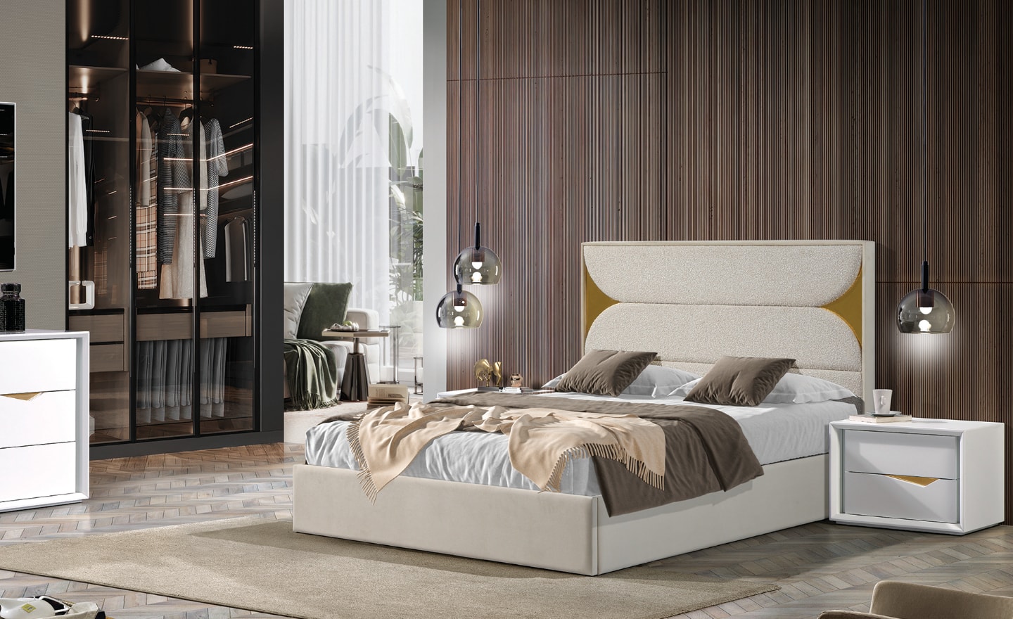 Cama de Casal Arco Dourado com cabeceira estofada e detalhes metálicos