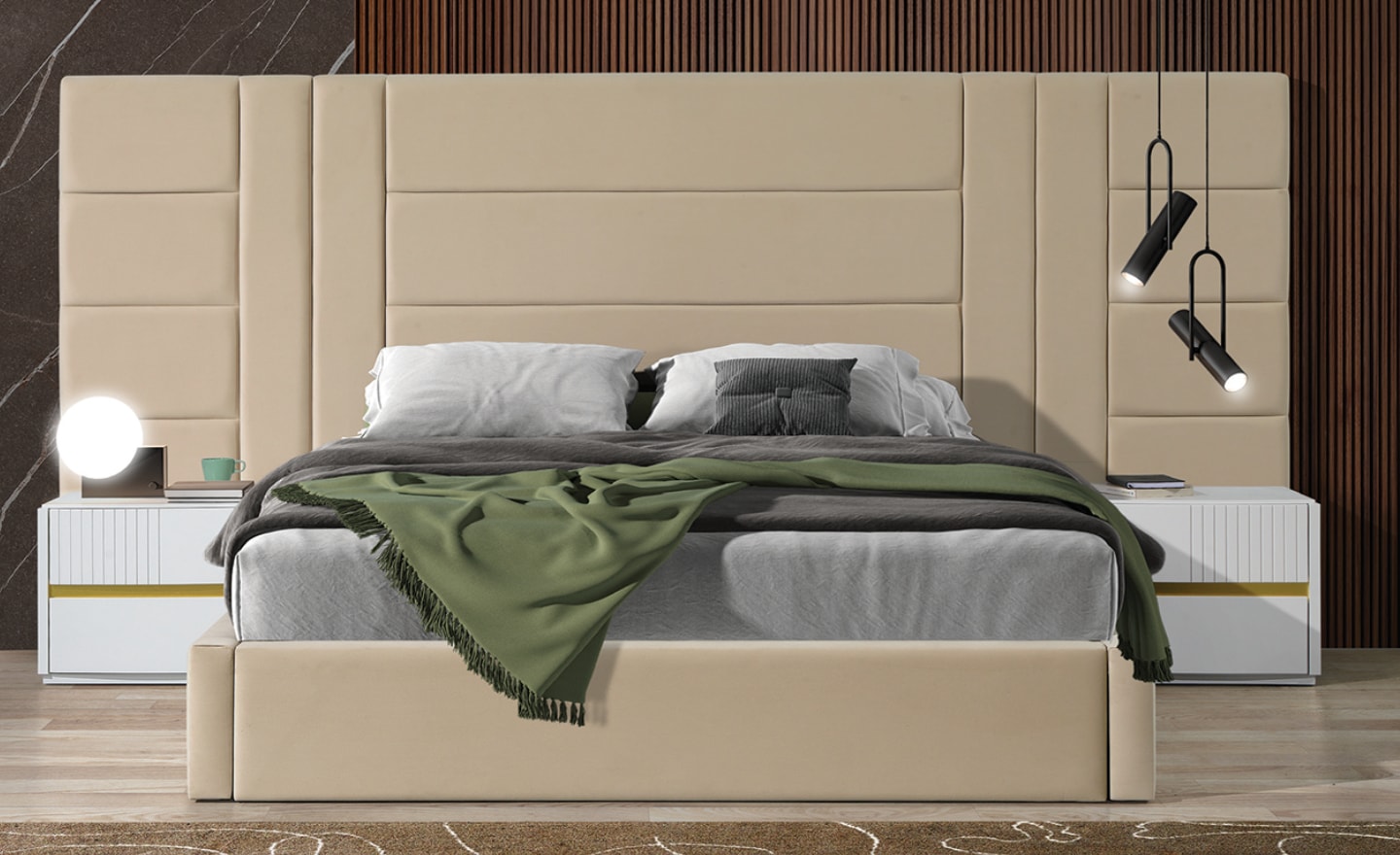 Cama de Casal Atlas com cabeceira estofada geométrica