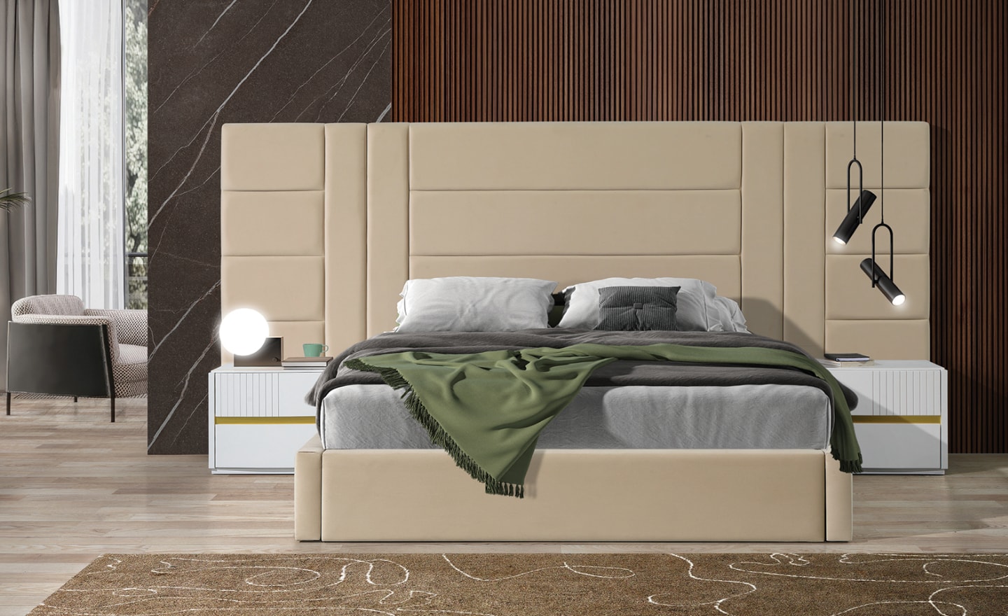 Cama de Casal Atlas com cabeceira estofada geométrica