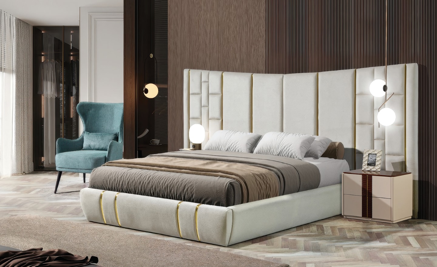 Cama de Casal Aurora Gold com cabeceira estofada e detalhes metálicos | Moveistore