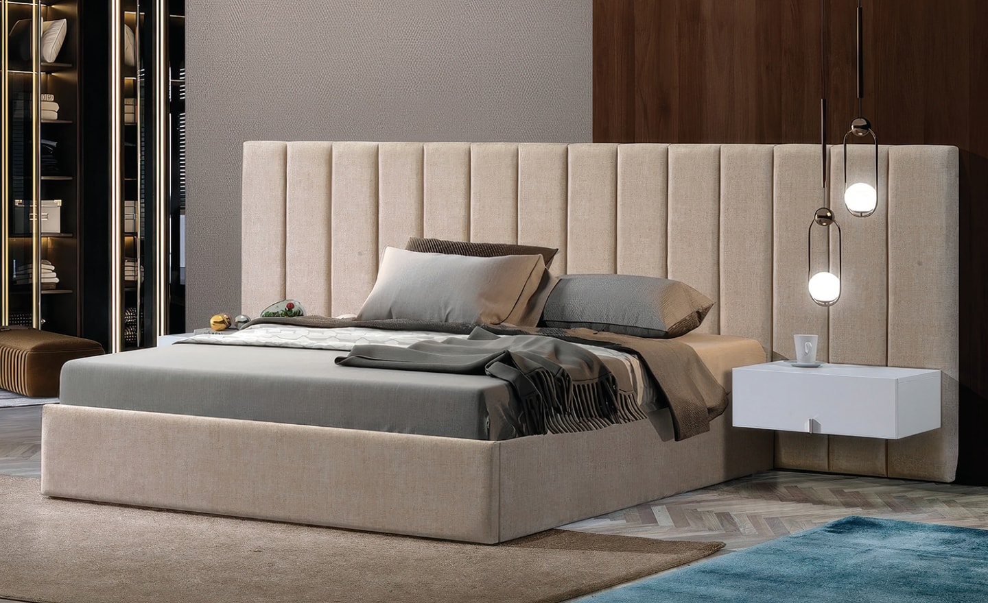 Cama de Casal Bellagio com cabeceira estofada de linhas verticais