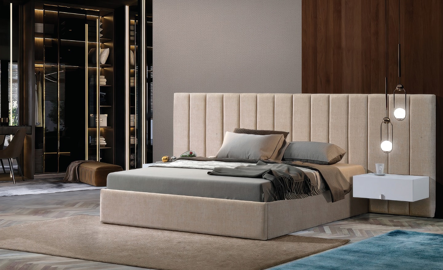 Cama de Casal Bellagio com cabeceira estofada de linhas verticais