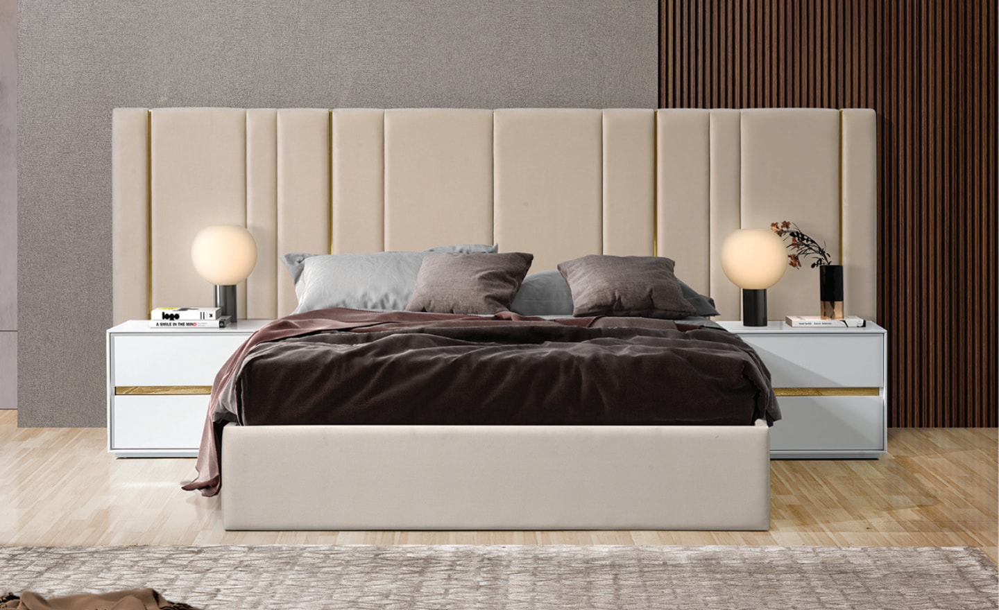 Cama de Casal Brisa com cabeceira estofada de linhas verticais e detalhes metálicos | Moveistore