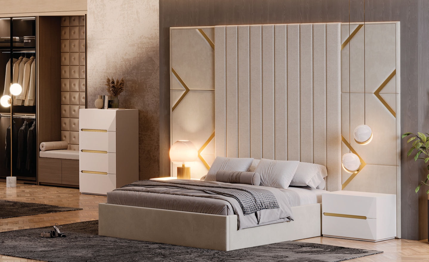 Cama de Casal Elegance Gold com cabeceira estofada e detalhes metálicos | Moveistore