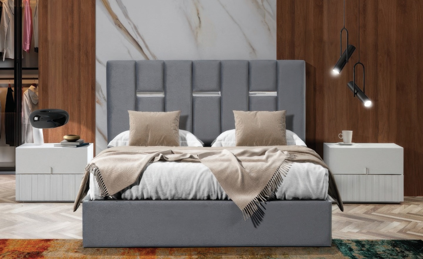 Cama de Casal Estofado Aspen com cabeceira vertical elegante