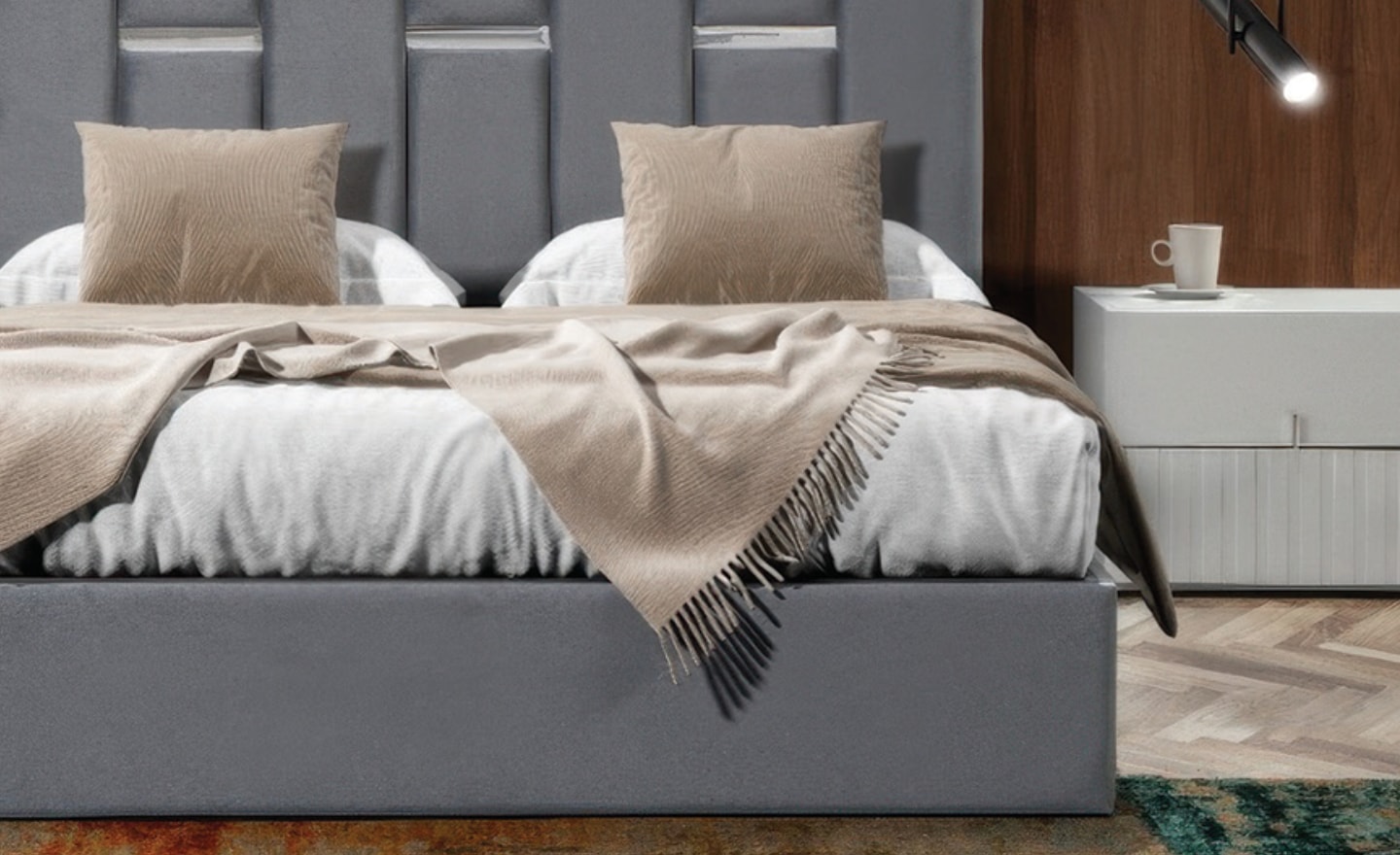 Cama de Casal Estofado Aspen com cabeceira vertical elegante