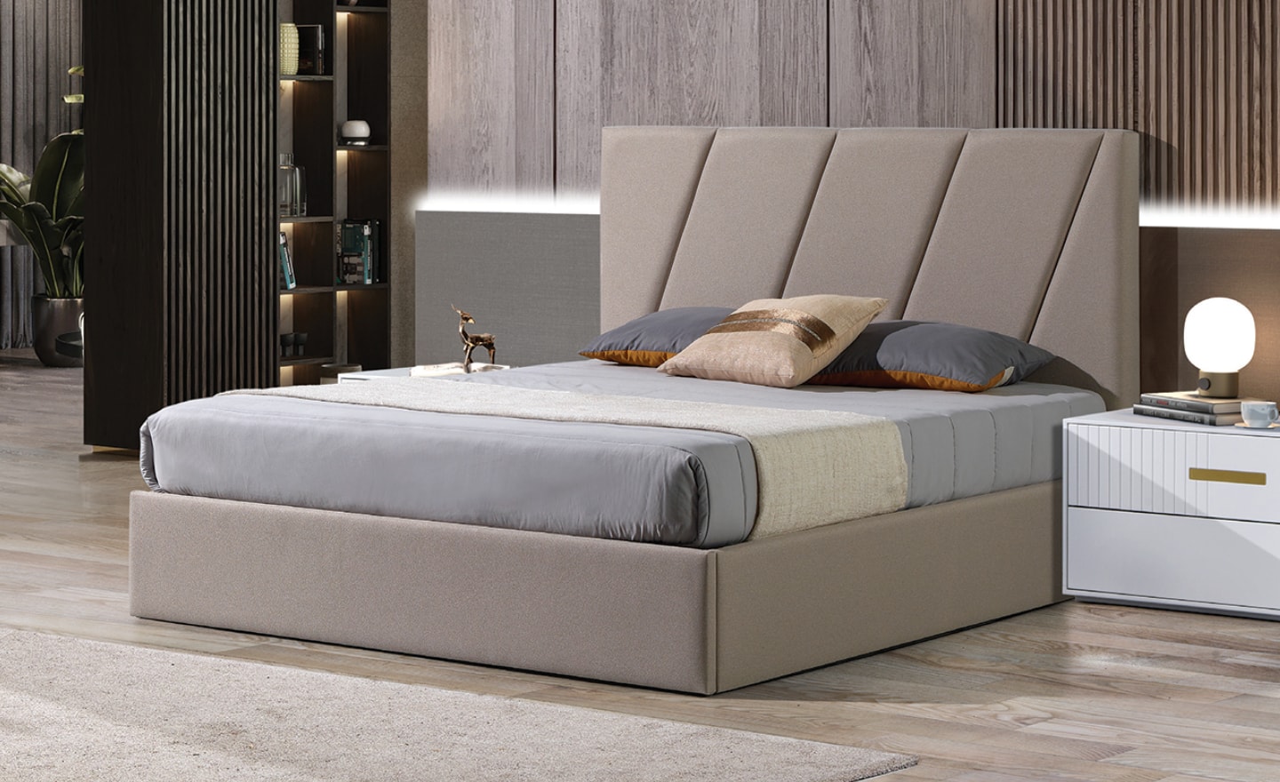 Cama de Casal Cadence com cabeceira estofada em linhas diagonais