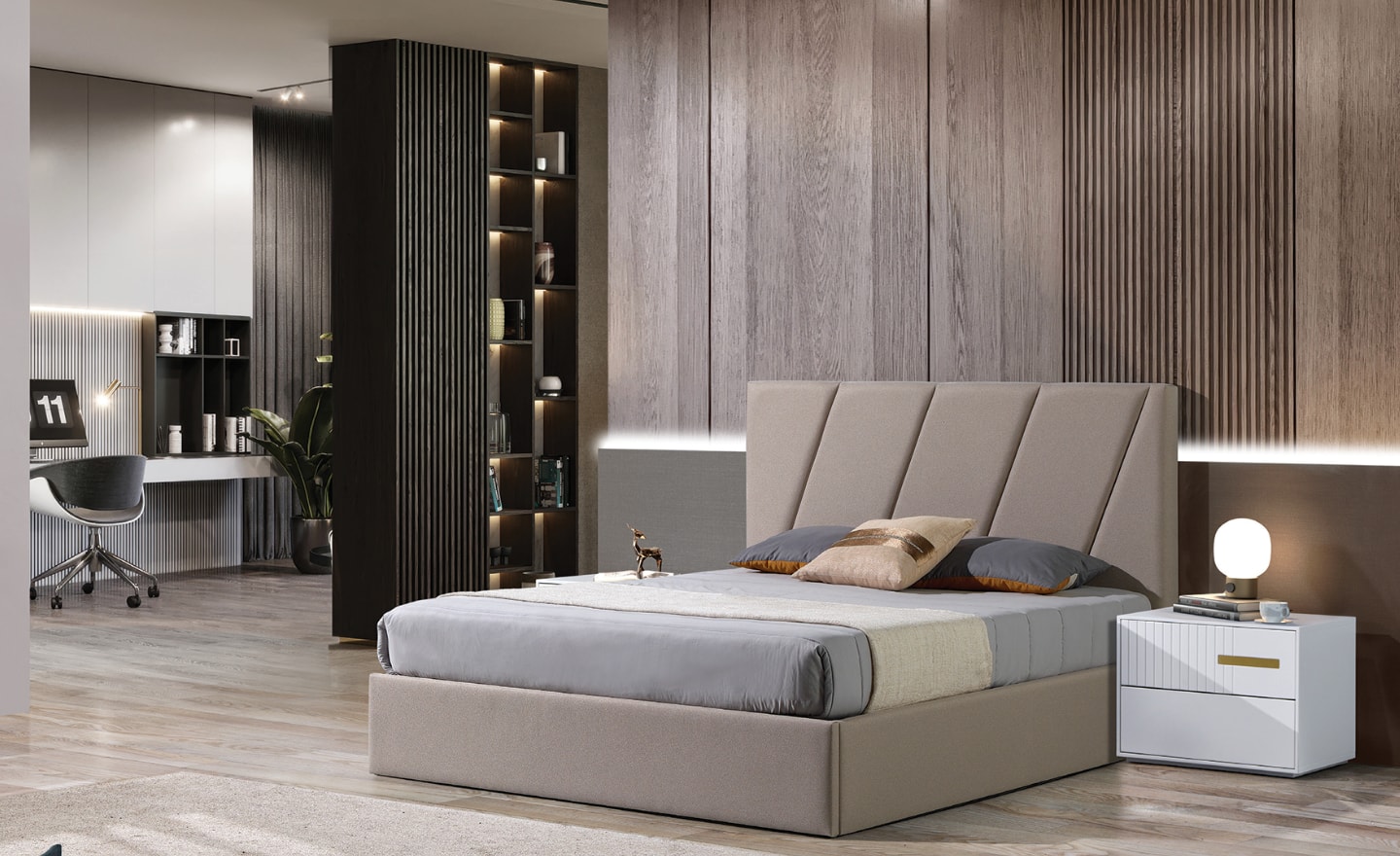 Cama de Casal Cadence com cabeceira estofada em linhas diagonais