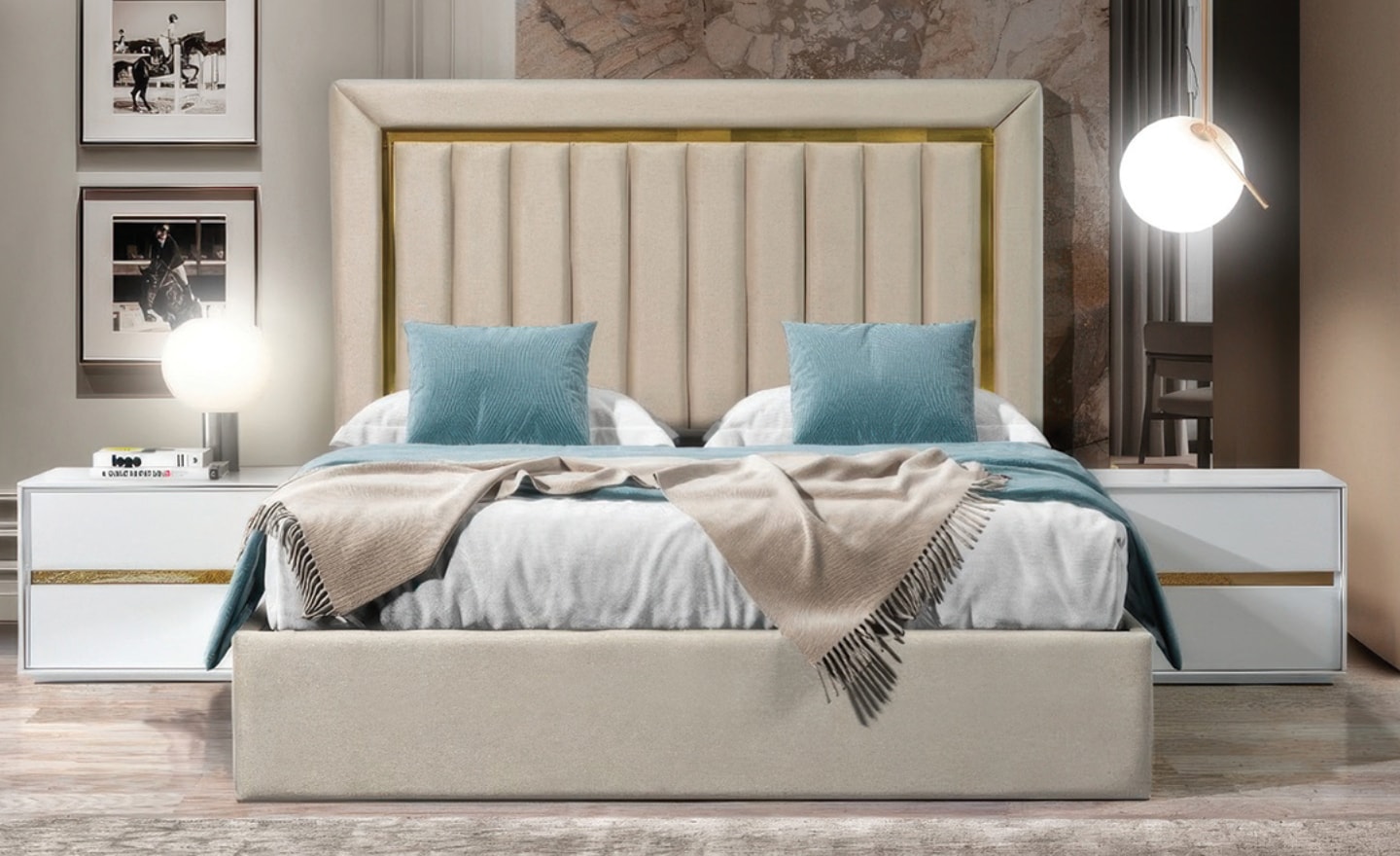 Cama de Casal Glam com cabeceira estofada e moldura metálica