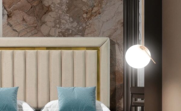 Cama de Casal Glam com cabeceira estofada e moldura metálica