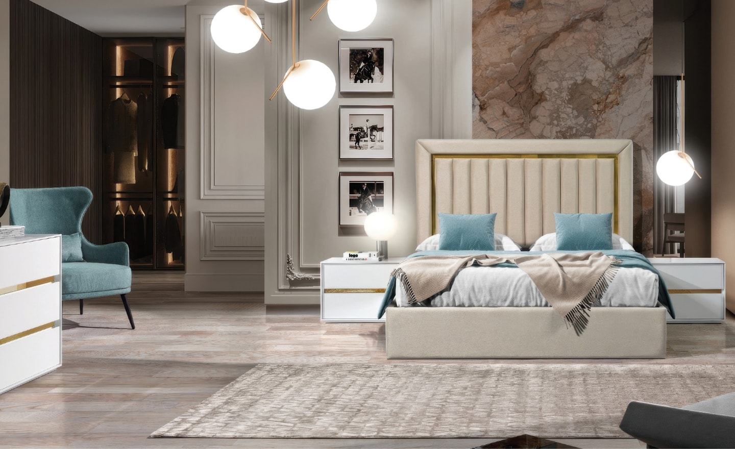 Cama de Casal Glam com cabeceira estofada e moldura metálica