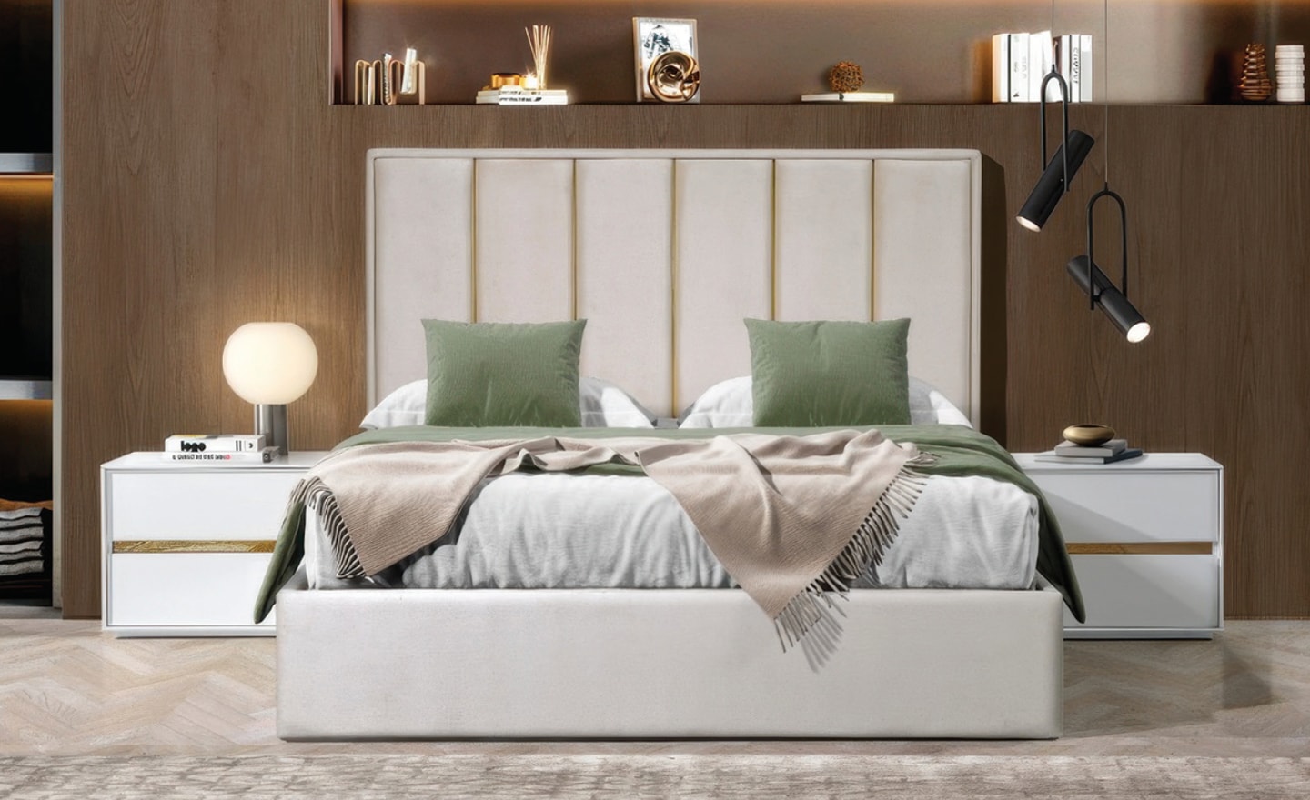 Cama de Casal Solace com cabeceira estofada e detalhes metálicos