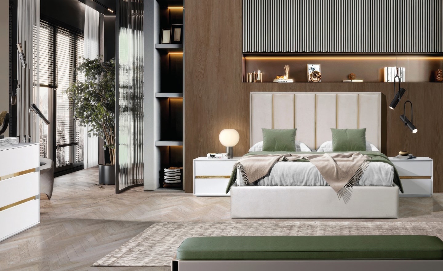 Cama de Casal Solace com cabeceira estofada e detalhes metálicos