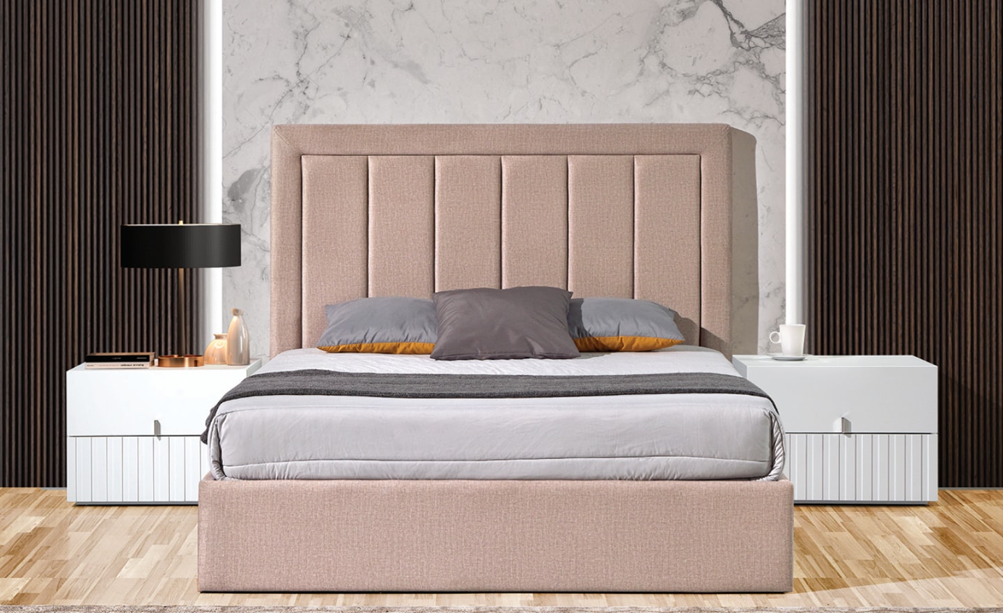 Cama de Casal Sonate com cabeceira estofada em linhas verticais