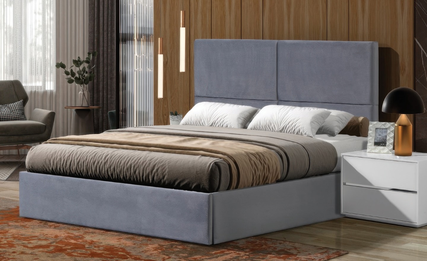 Cama de Casal Urban com estrutura estofada e cabeceira acolchoada