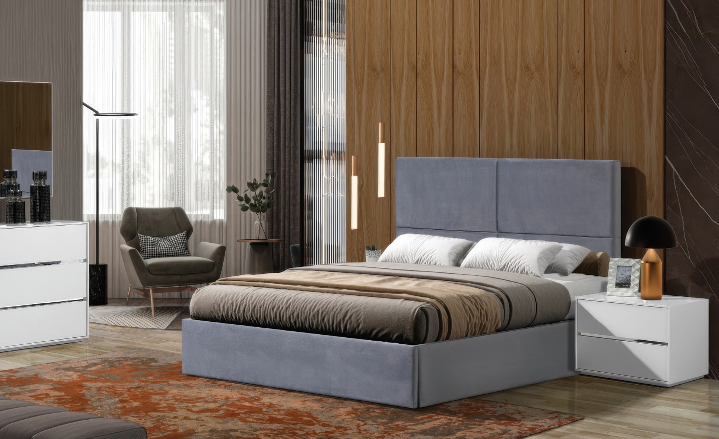 Cama de Casal Urban com estrutura estofada e cabeceira acolchoada