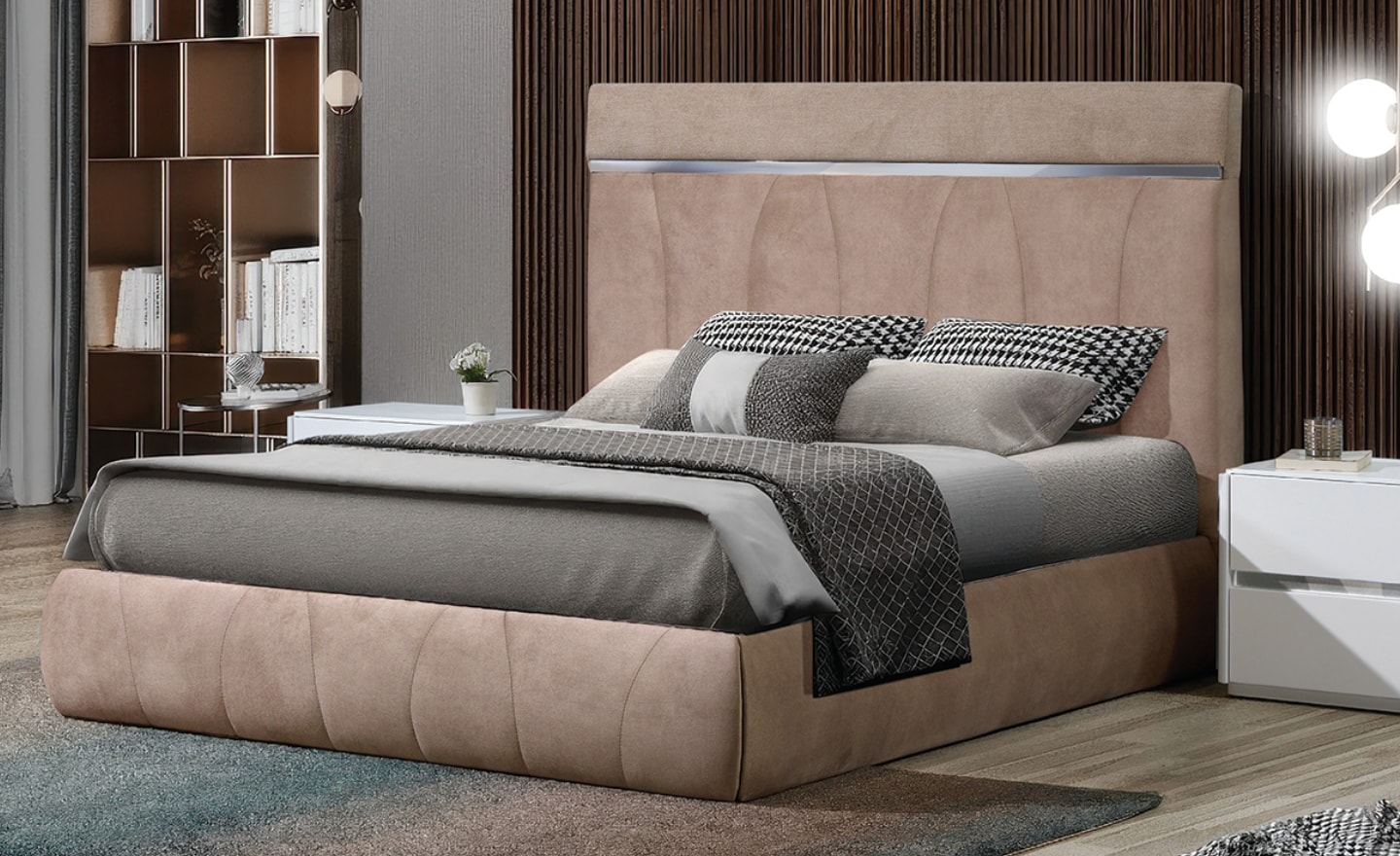 Cama de Casal Harmonia com cabeceira estofada e detalhe metálico