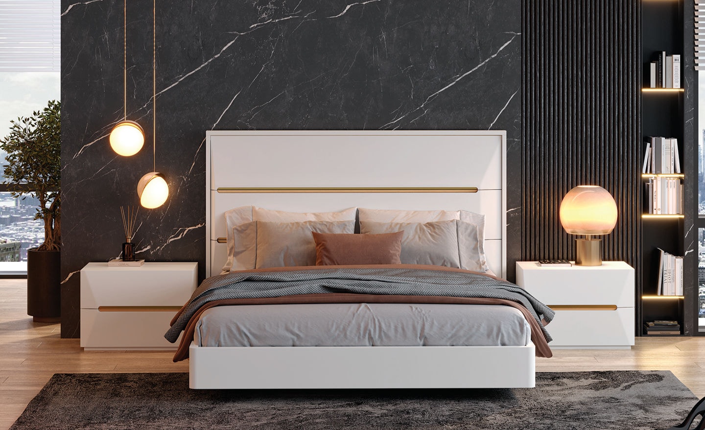 Cama de Casal Skyline com cabeceira ampla e detalhe metálico horizontal | Moveistore