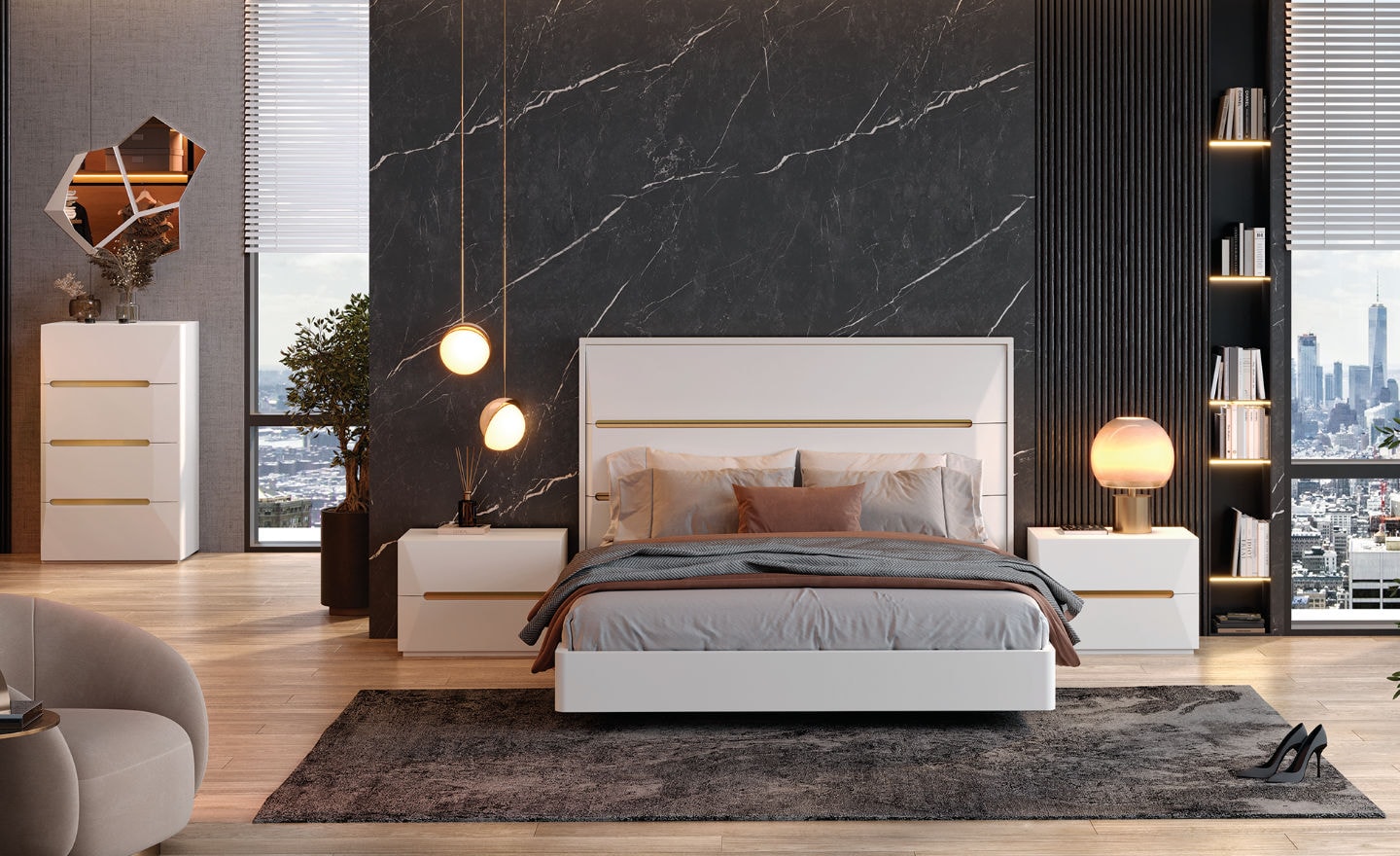 Cama de Casal Skyline com cabeceira ampla e detalhe metálico horizontal | Moveistore