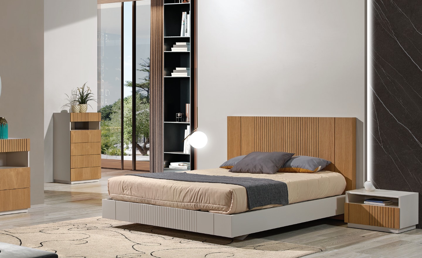 Cama de Casal Linea Wood com cabeceira ripada clara | Moveistore