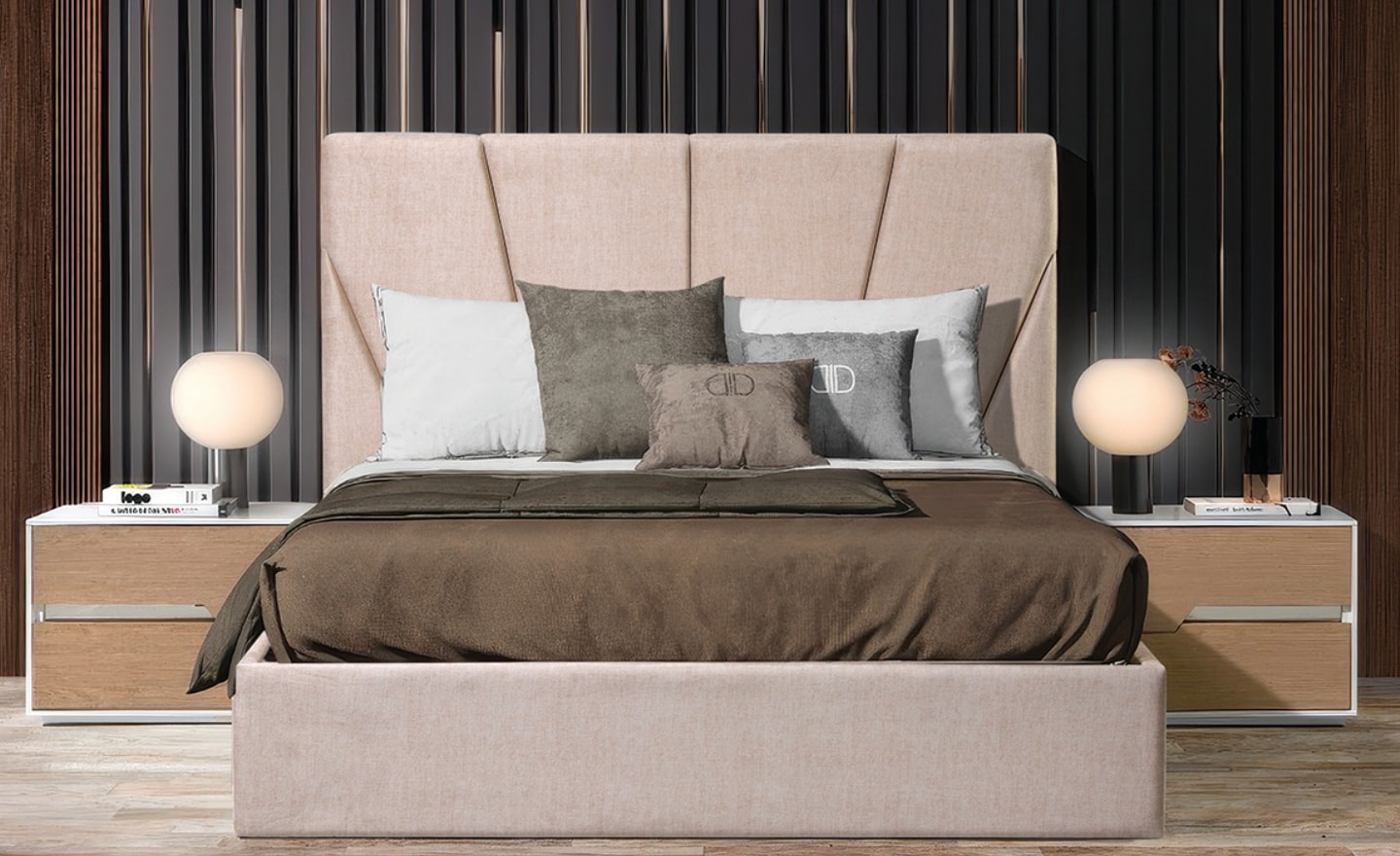 Cama de Casal Milano com cabeceira estofada de design geométrico