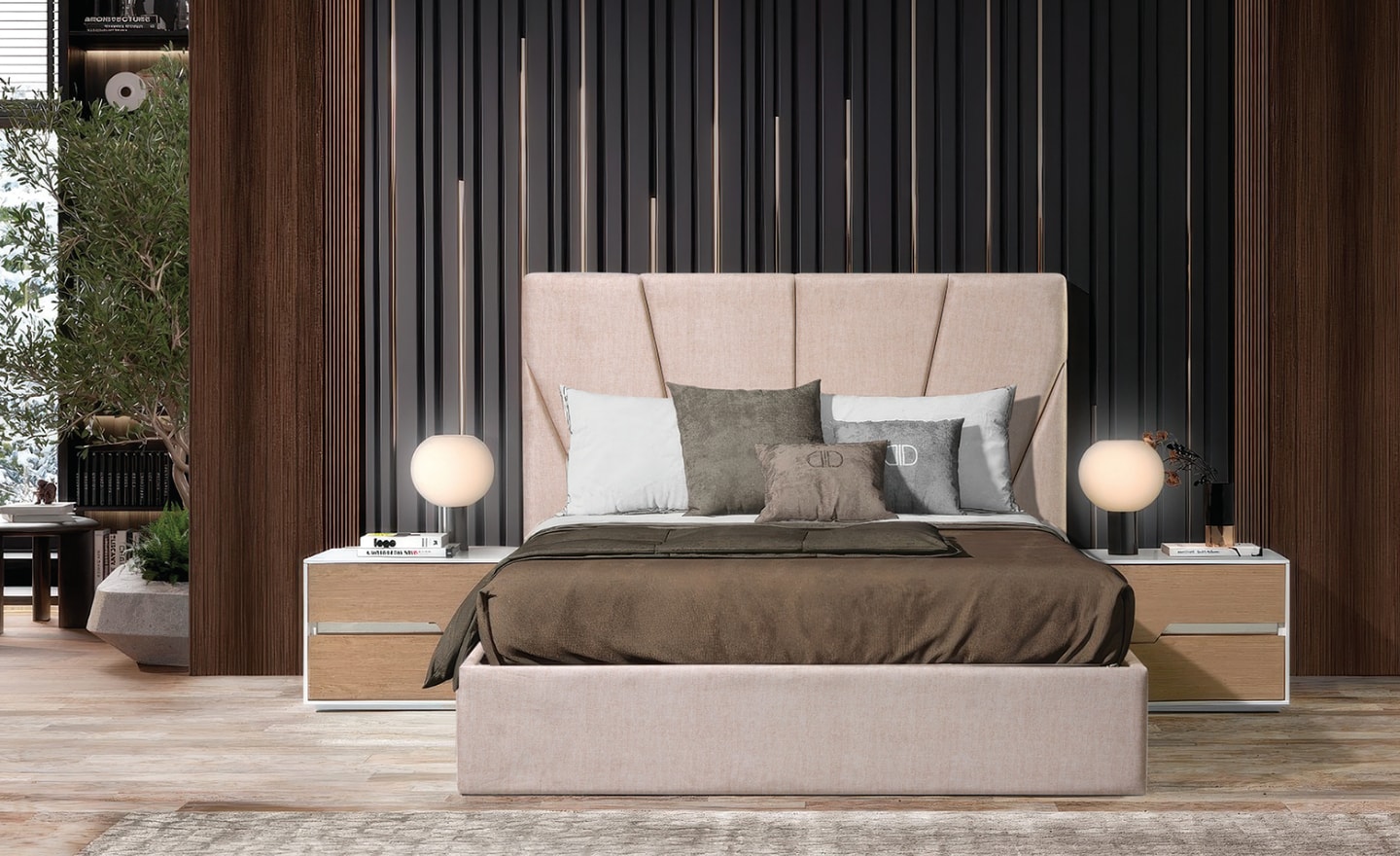 Cama de Casal Milano com cabeceira estofada de design geométrico