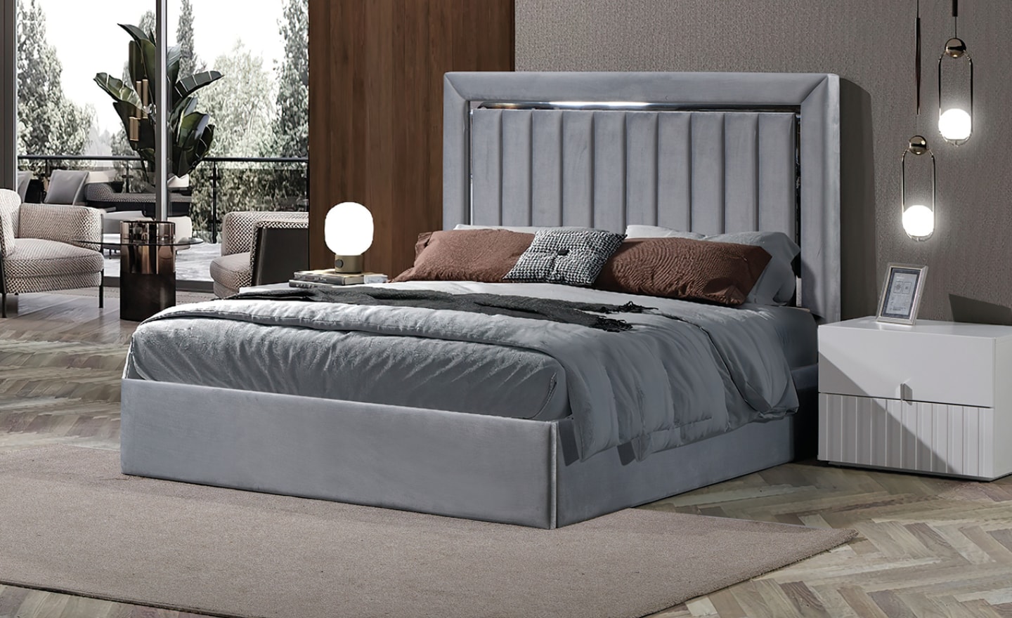 Cama de Casal Miraggio com cabeceira alta estofada em veludo