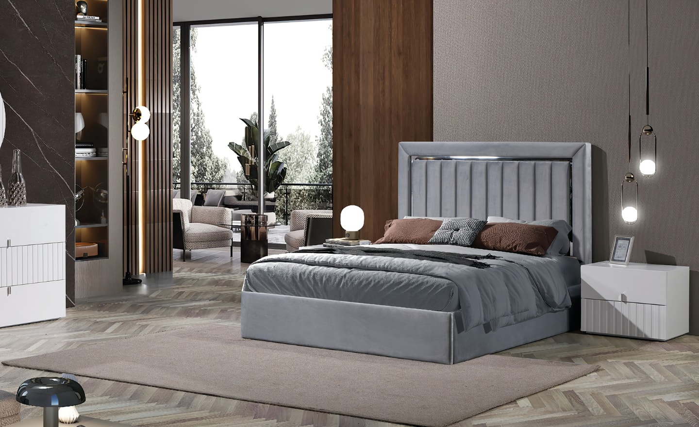 Cama de Casal Miraggio com cabeceira alta estofada em veludo