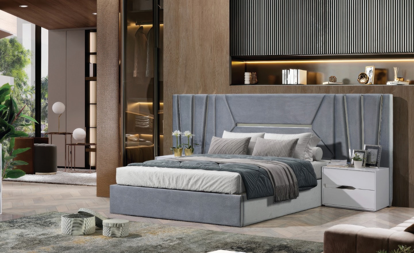 Cama de Casal Orsay com cabeceira estofada e detalhes metálicos