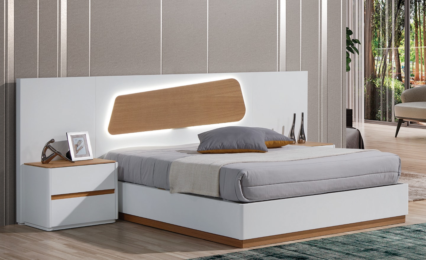 Cama de Casal Oslo com cabeceira em madeira e luz LED integrada