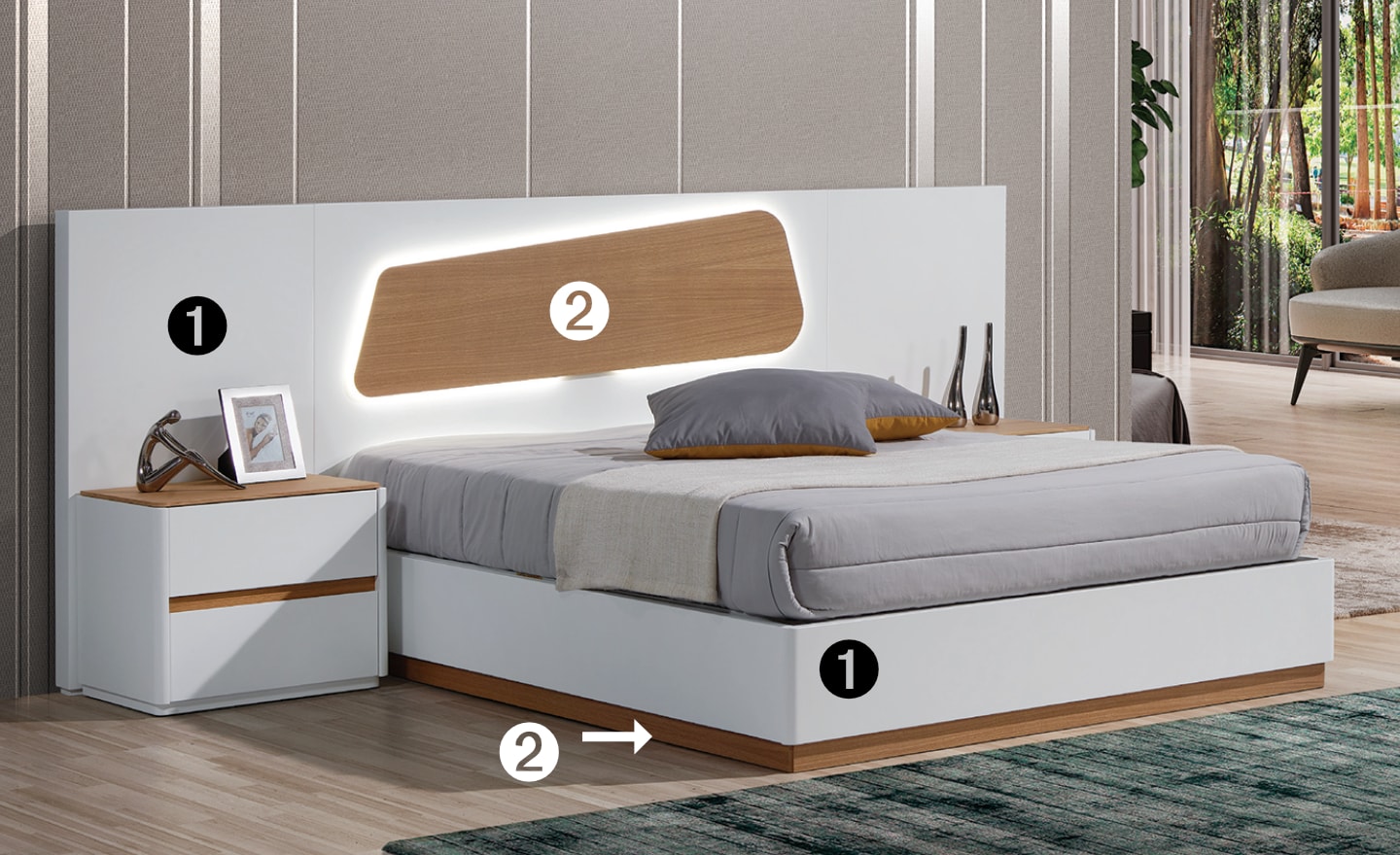 Cama de Casal Oslo com cabeceira em madeira e luz LED integrada