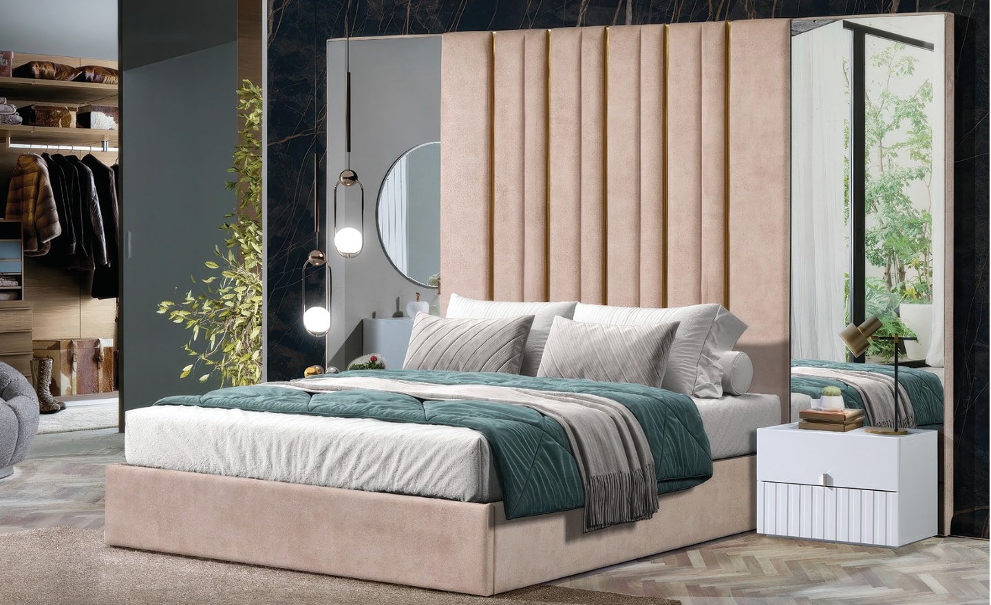 Cama de Casal Portofino com cabeceira estofada e detalhes metálicos