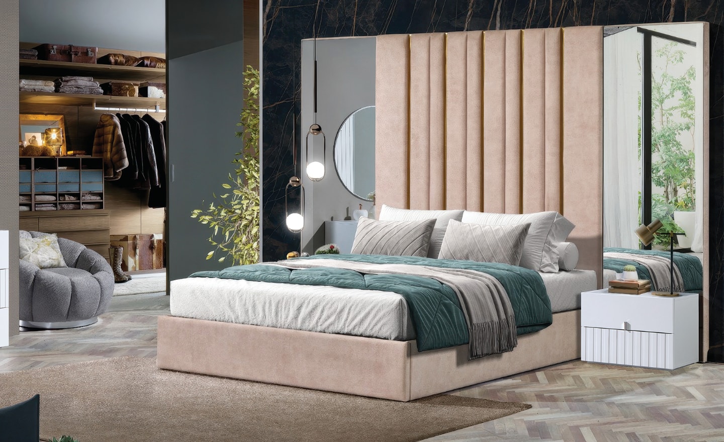 Cama de Casal Portofino com cabeceira estofada e detalhes metálicos