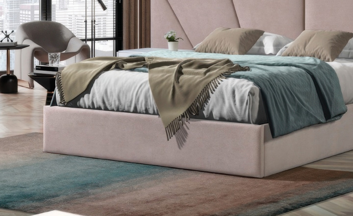 Cama de Casal Prisma com cabeceira estofada de design geométrico e estrutura em MDF | Moveistore