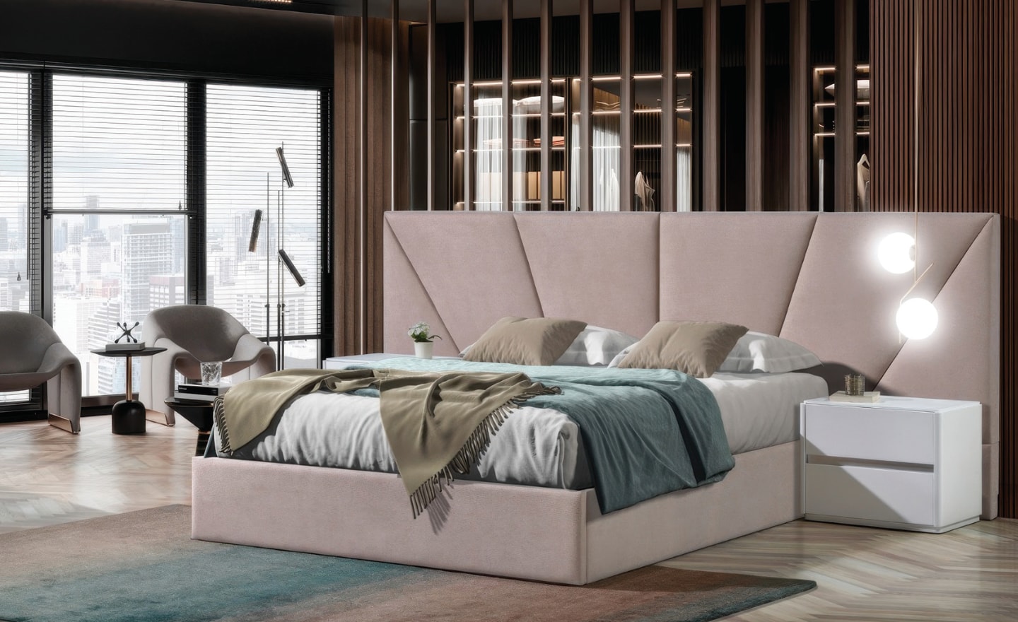 Cama de Casal Prisma com cabeceira estofada de design geométrico e estrutura em MDF | Moveistore