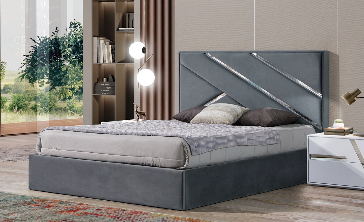 Cama de Casal Reflex com cabeceira estofada e detalhes espelhados