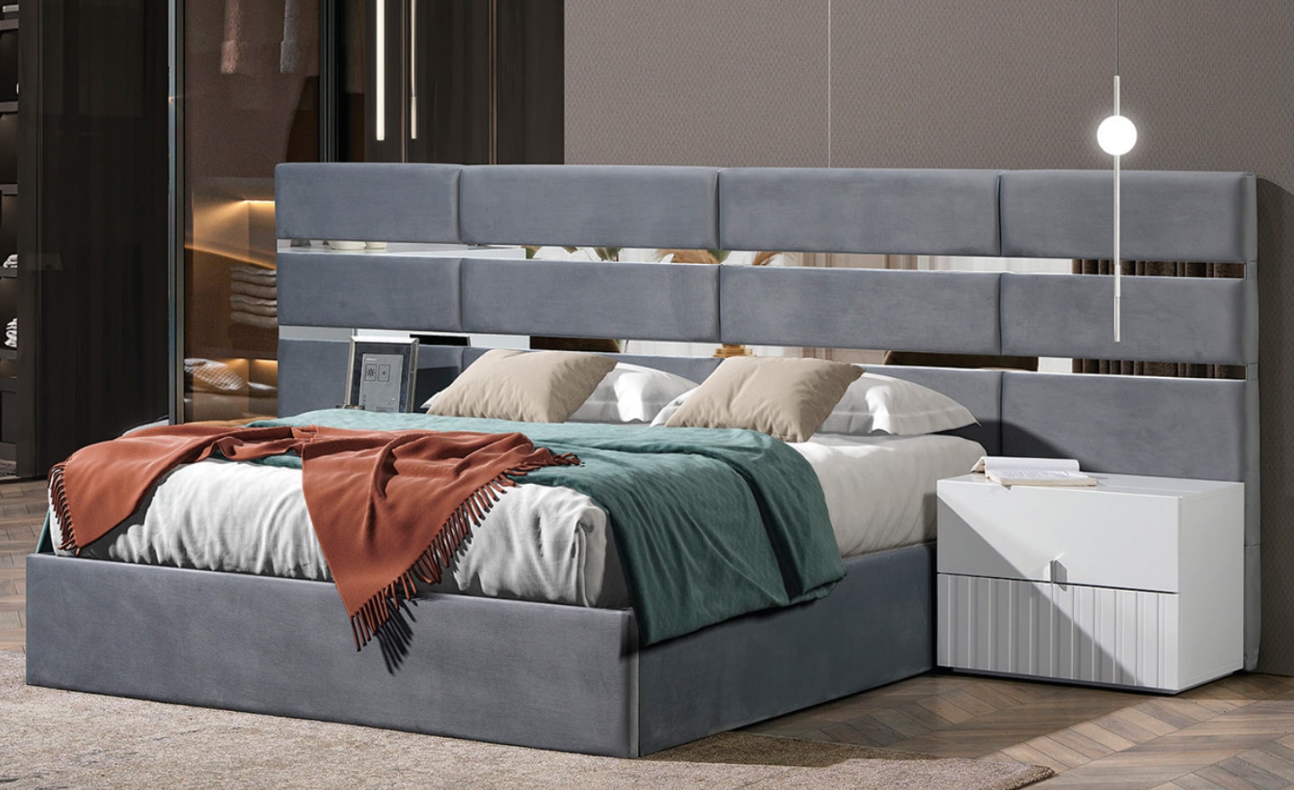 Cama de Casal Reflexo com cabeceira estofada e faixas espelhadas
