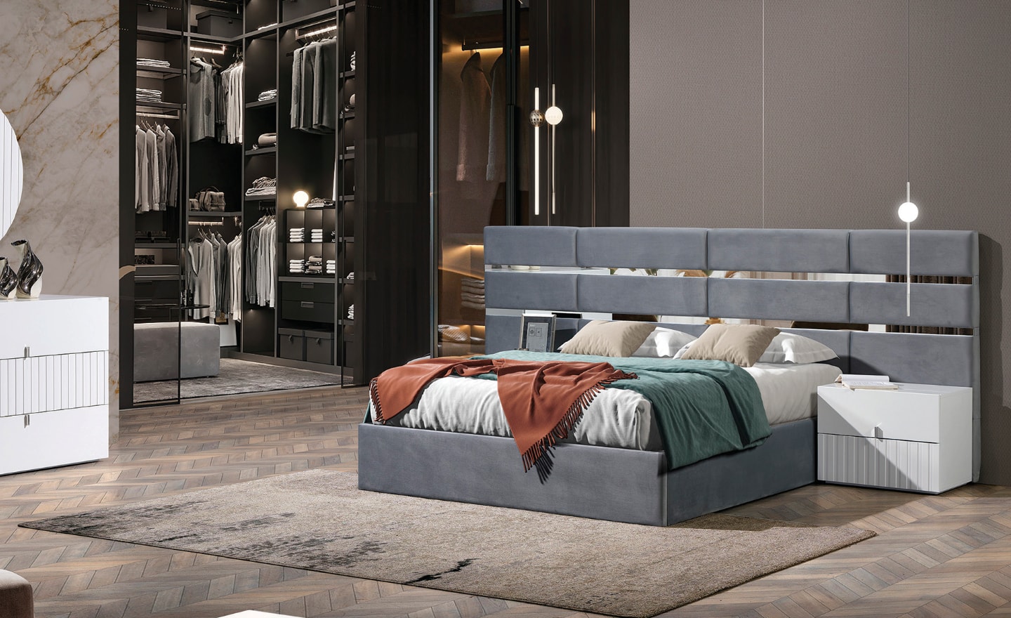 Cama de Casal Reflexo com cabeceira estofada e faixas espelhadas