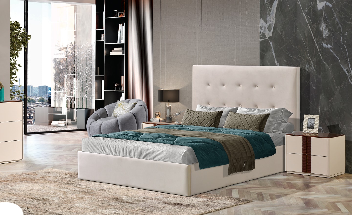 Cama de Casal Sahara com cabeceira estofada e botões decorativos