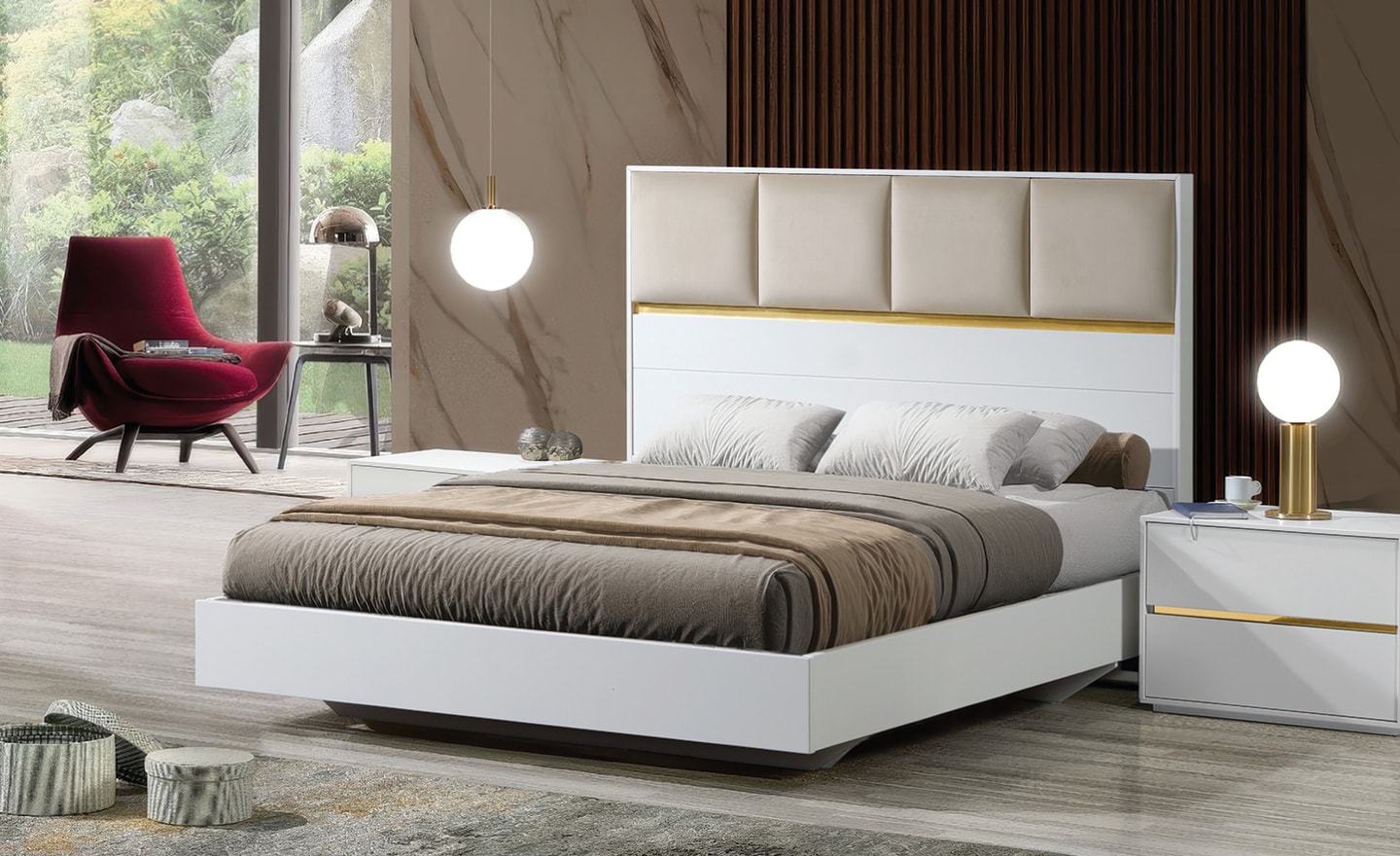 Cama de Casal Solenne com cabeceira estofada e detalhe metálico