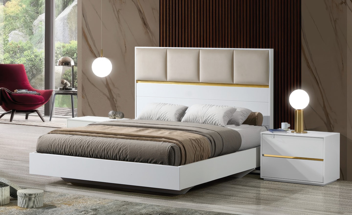 Cama de Casal Solenne com cabeceira estofada e detalhe metálico