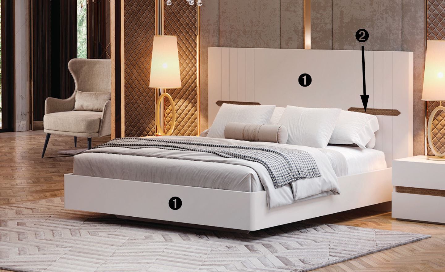 Cama de Casal Terra Nobre com cabeceira alta e acabamento em madeira | Moveistore