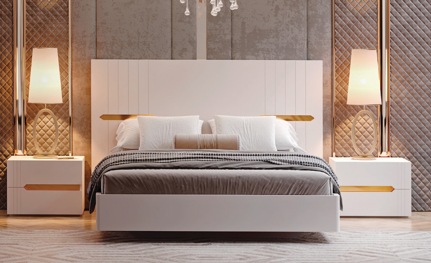 Cama de Casal Terra Nobre Dourado com cabeceira alta e detalhe metálico | Moveistore