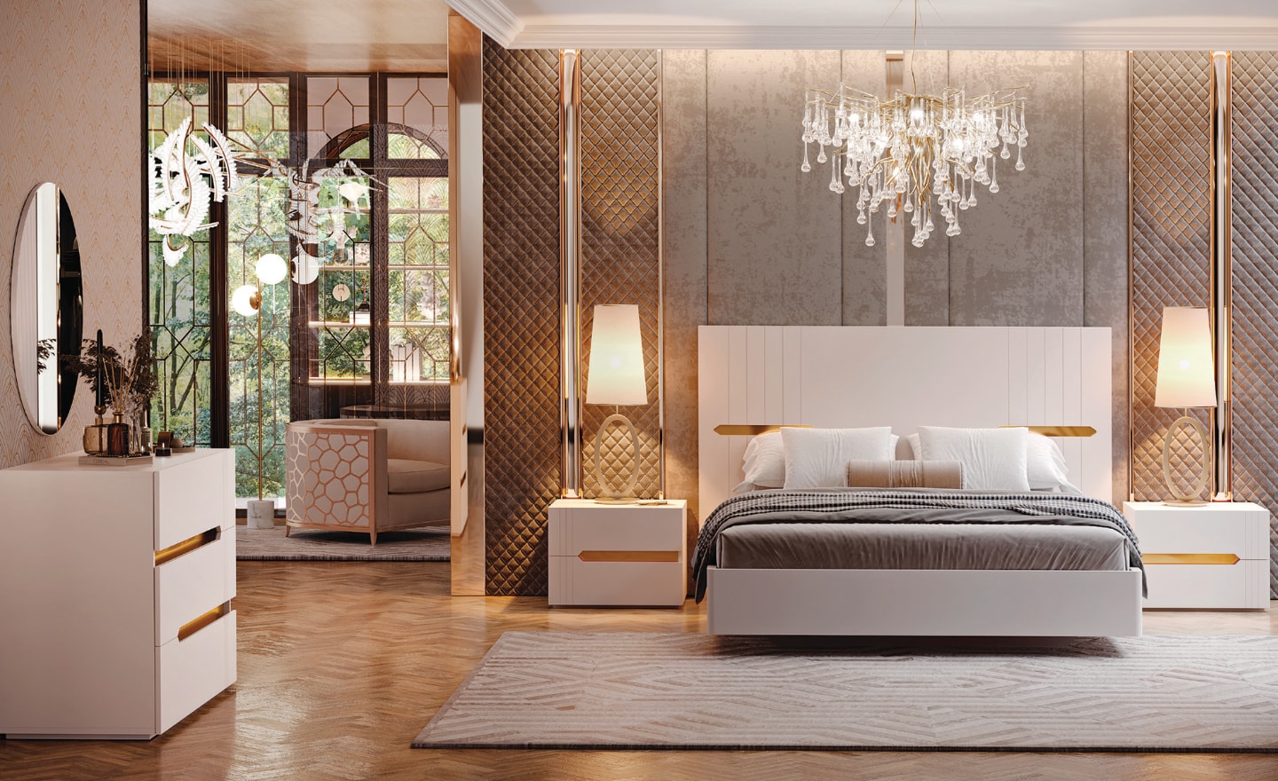 Cama de Casal Terra Nobre Dourado com cabeceira alta e detalhe metálico | Moveistore