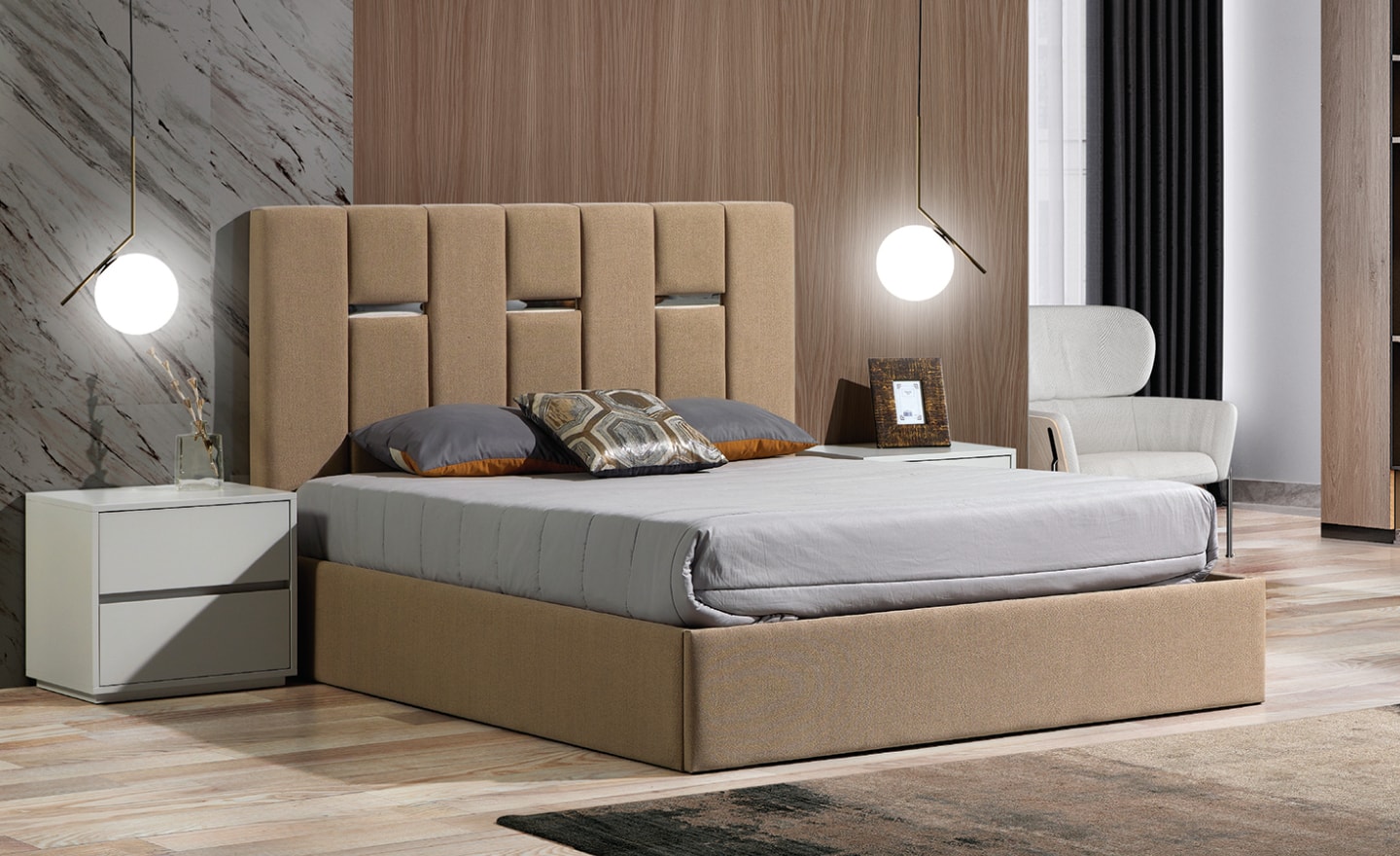 Cama de Casal Trivento com cabeceira estofada e design moderno