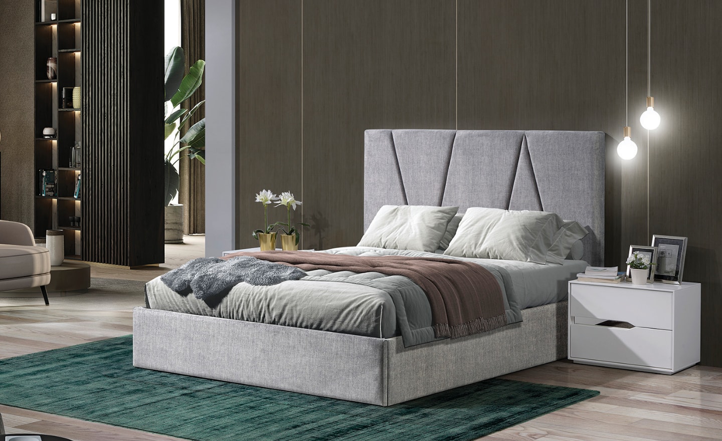 Cama de Casal Verona Estofado com cabeceira geométrica